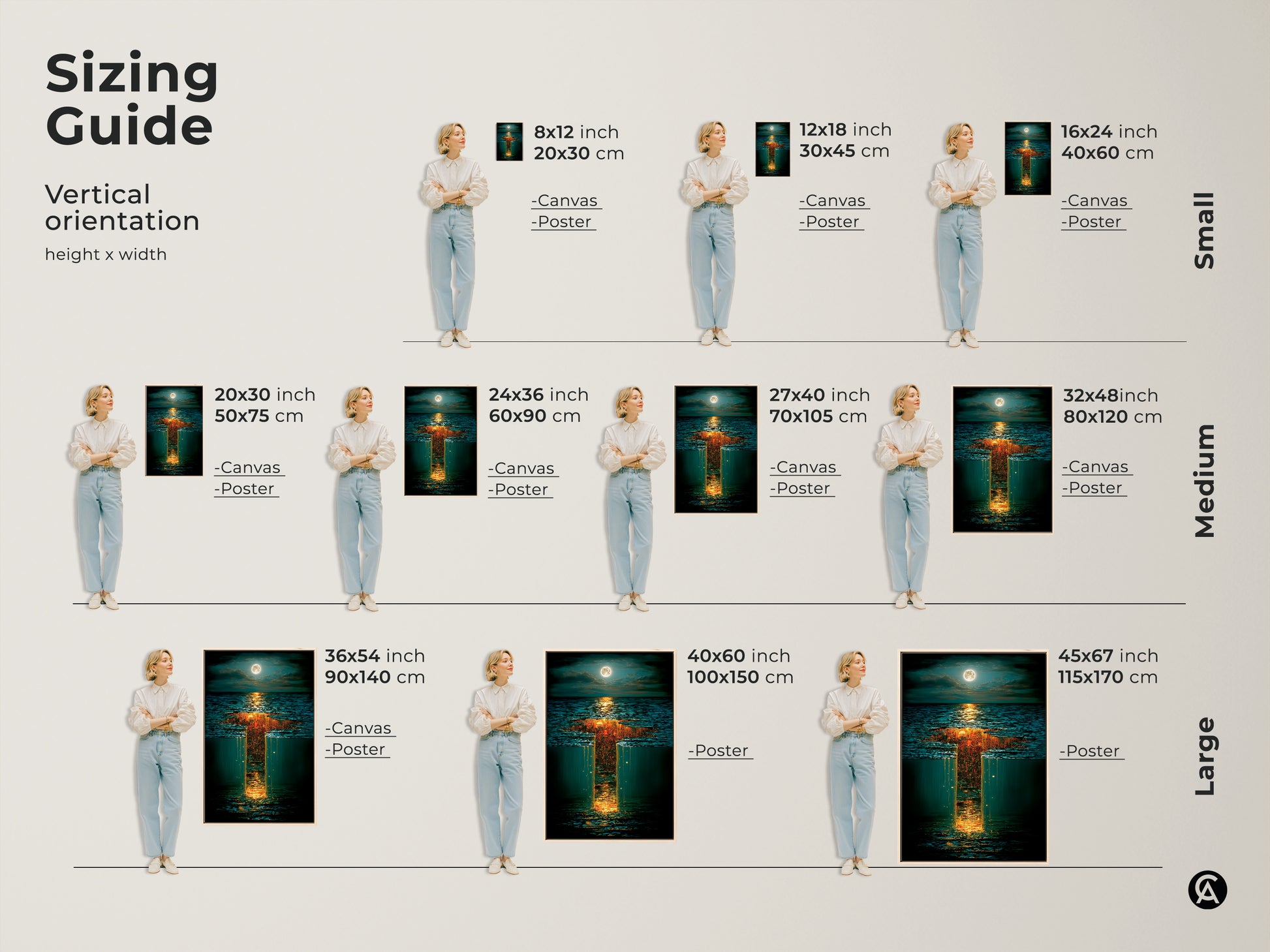 Sizing guide for the surreal underwater cityscape art print. Find the perfect fit in sizes from 8x12 to 45x67 inches. Available as a canvas or poster this golden orange and deep blue art is ideal for any space in your home.