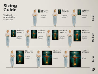Sizing guide for the surreal underwater cityscape art print. Find the perfect fit in sizes from 8x12 to 45x67 inches. Available as a canvas or poster this golden orange and deep blue art is ideal for any space in your home.