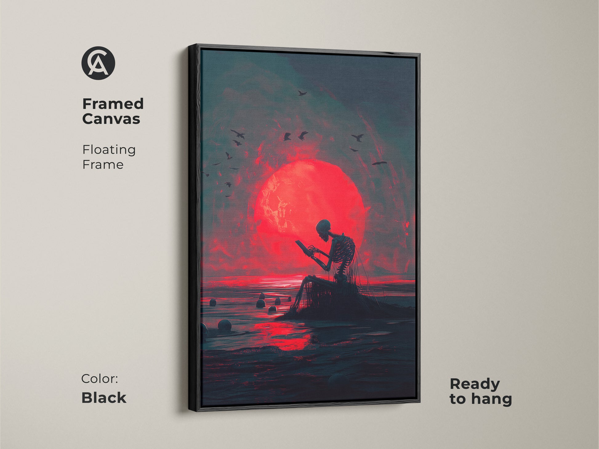 Framed canvas art print featuring a skeleton reading in front of a red moon. The frame is a sleek black floating frame. The art style is dark and surreal. This framed canvas is ready to hang.