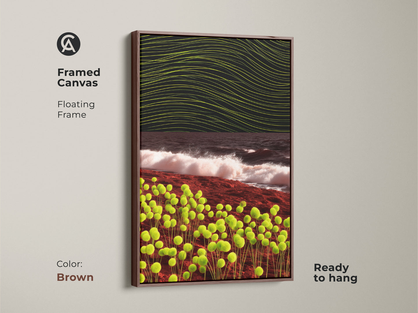 Brown framed canvas featuring abstract orb and wave art. This contemporary art print includes lime green and dark brown hues. It's ready to hang and enhances any room's aesthetic.