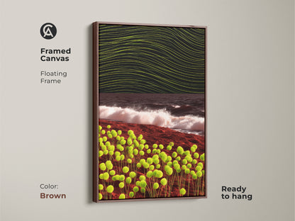 Brown framed canvas featuring abstract orb and wave art. This contemporary art print includes lime green and dark brown hues. It's ready to hang and enhances any room's aesthetic.