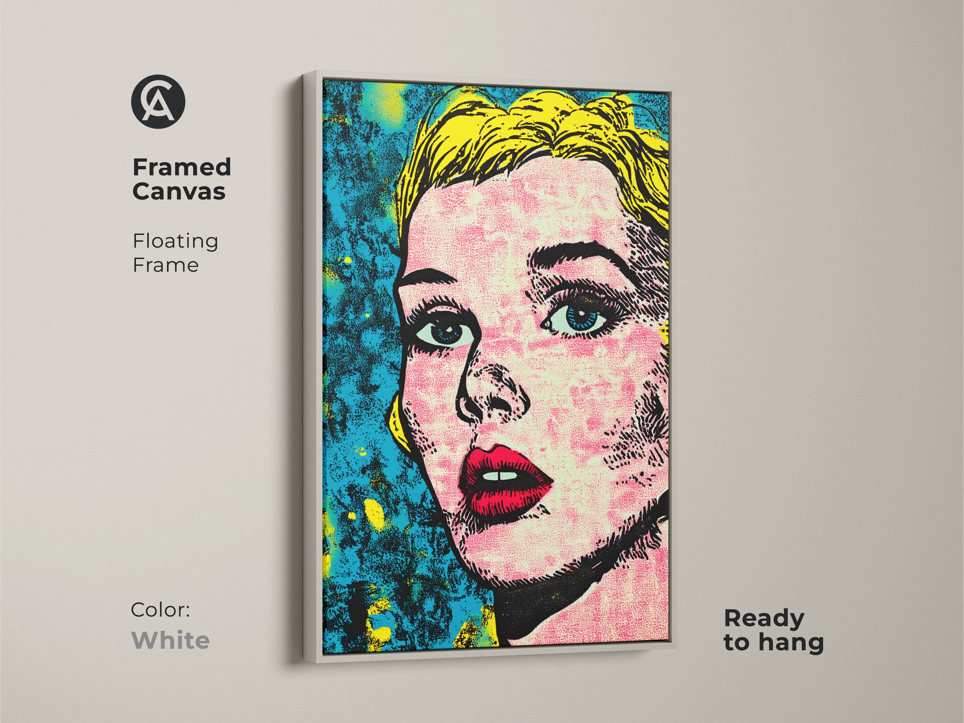 Framed canvas featuring a pop art portrait with a white floating frame. The clean white frame offers a modern look. Ready to hang this artwork brightens any wall. Its vibrant colors create a focal point.