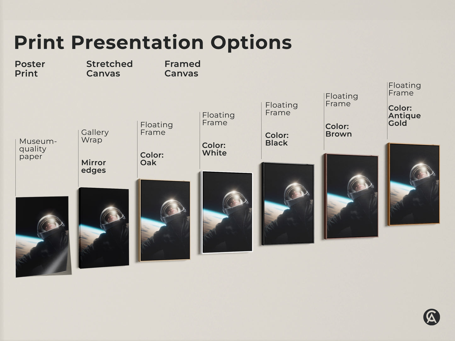 Explore print presentation options for this captivating astronaut artwork. Choose from poster prints stretched canvas and framed canvas. Various floating frame colors are available including oak white black brown and antique gold. Find the perfect style to complement your space exploration art collection.