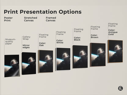 Explore print presentation options for this captivating astronaut artwork. Choose from poster prints stretched canvas and framed canvas. Various floating frame colors are available including oak white black brown and antique gold. Find the perfect style to complement your space exploration art collection.