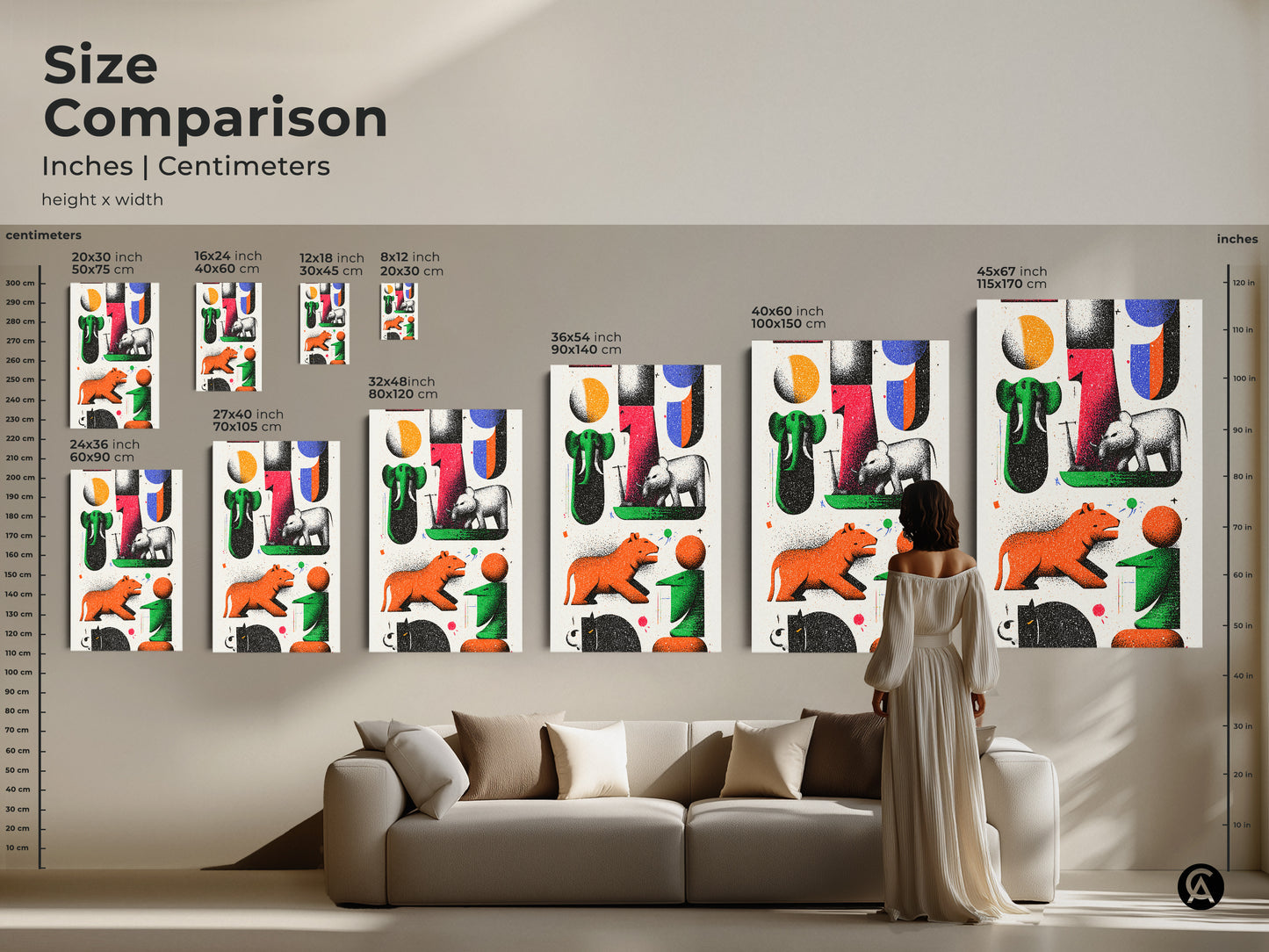 Compare sizes of modern folk art prints in inches and centimeters. See how abstract animal canvas art fits above a sofa. The retro print features elephants and tigers in green red and orange. This eclectic wall decor makes a statement in any living space. Find the perfect size for your unique home decor needs. Transform your room with colorful animal artwork.