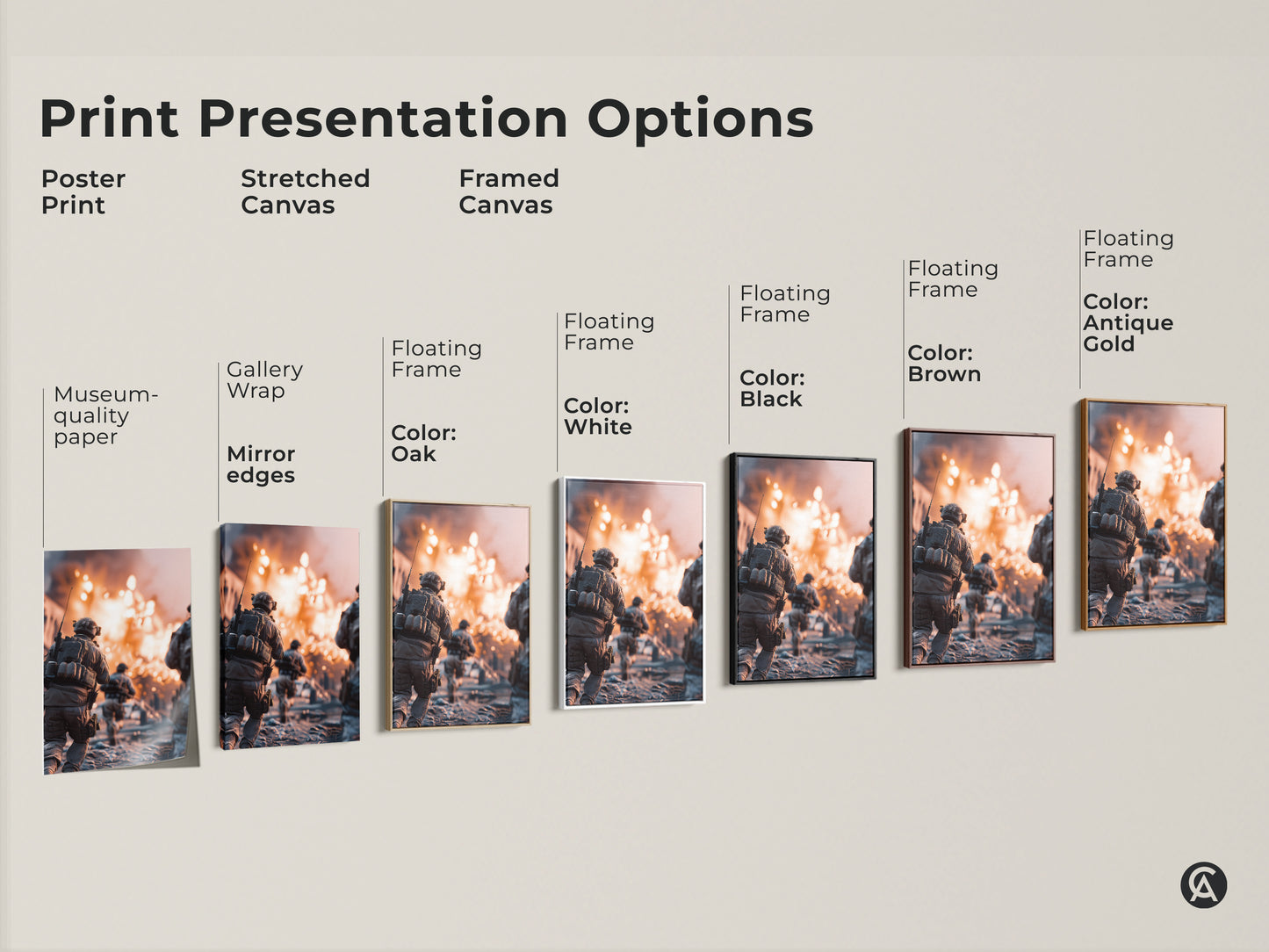 This print presentation shows a soldier running through an explosion. Options include poster print stretched canvas and framed canvas. Different color frames are available. This modern military art is great for man caves or office workplace decor.