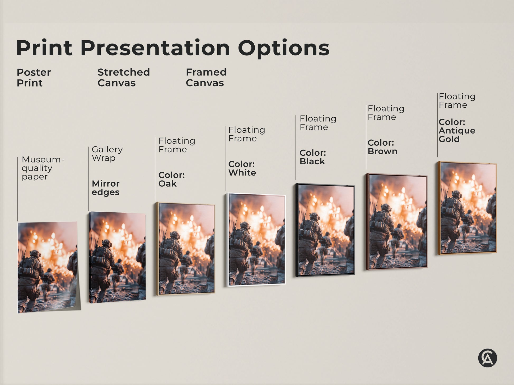 This print presentation shows a soldier running through an explosion. Options include poster print stretched canvas and framed canvas. Different color frames are available. This modern military art is great for man caves or office workplace decor.
