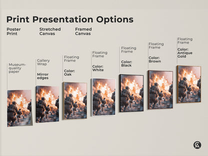 This print presentation shows a soldier running through an explosion. Options include poster print stretched canvas and framed canvas. Different color frames are available. This modern military art is great for man caves or office workplace decor.