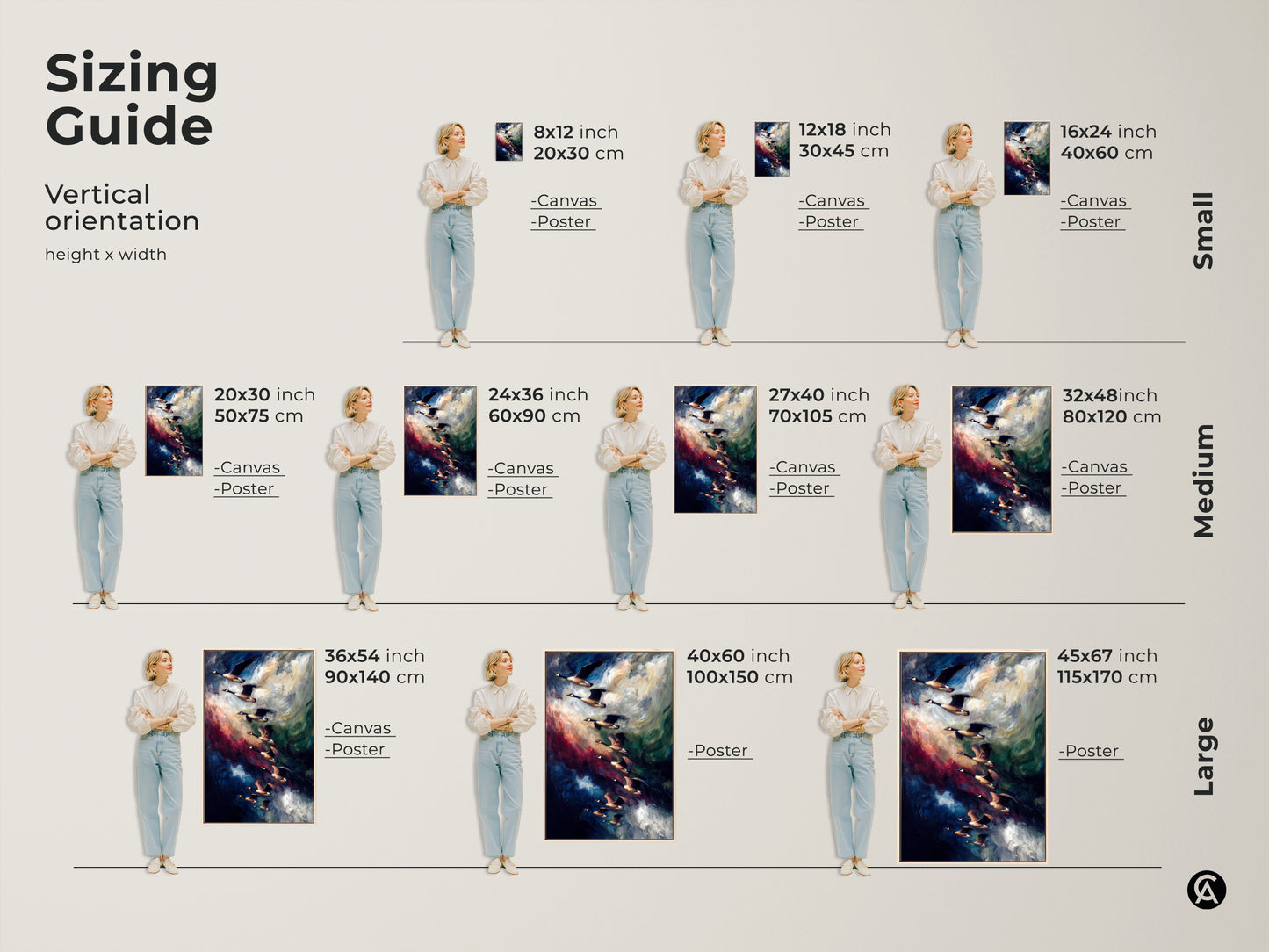 Sizing guide for vertical abstract geese canvas art and posters. Sizes range from small medium to large. Find the perfect indigo and blue sky wildlife print for your contemporary home.