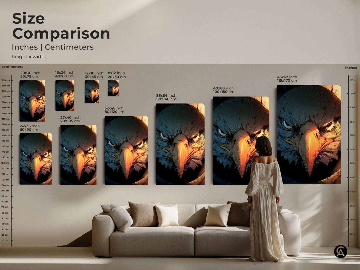 Size comparison of Griffin canvas prints. Inches Centimeters height x width. A woman in a white dress stands next to a couch with various sized prints above it. The sizes range from small to large. A striking piece for any space.