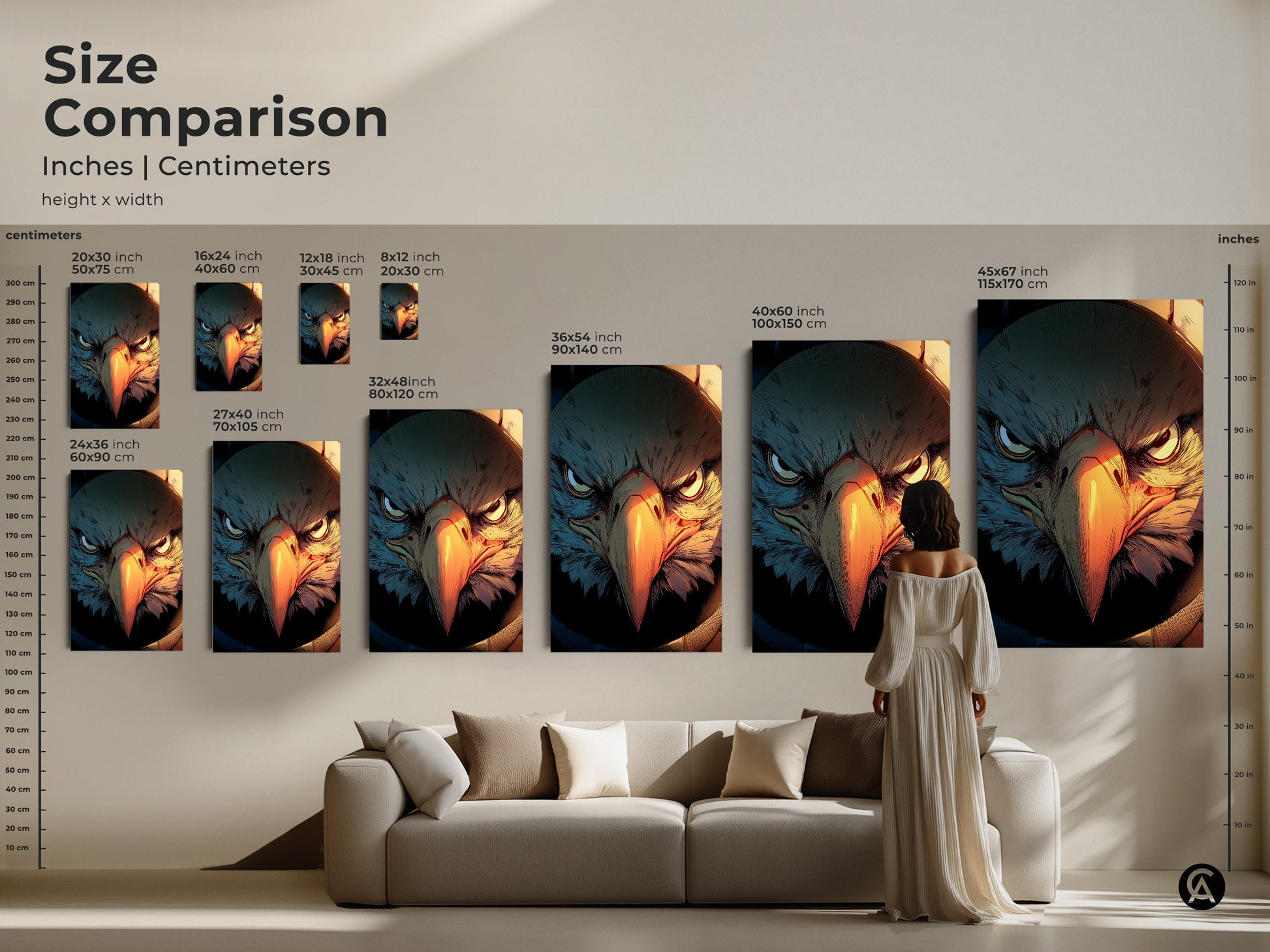 Size comparison of Griffin canvas prints. Inches Centimeters height x width. A woman in a white dress stands next to a couch with various sized prints above it. The sizes range from small to large. A striking piece for any space.