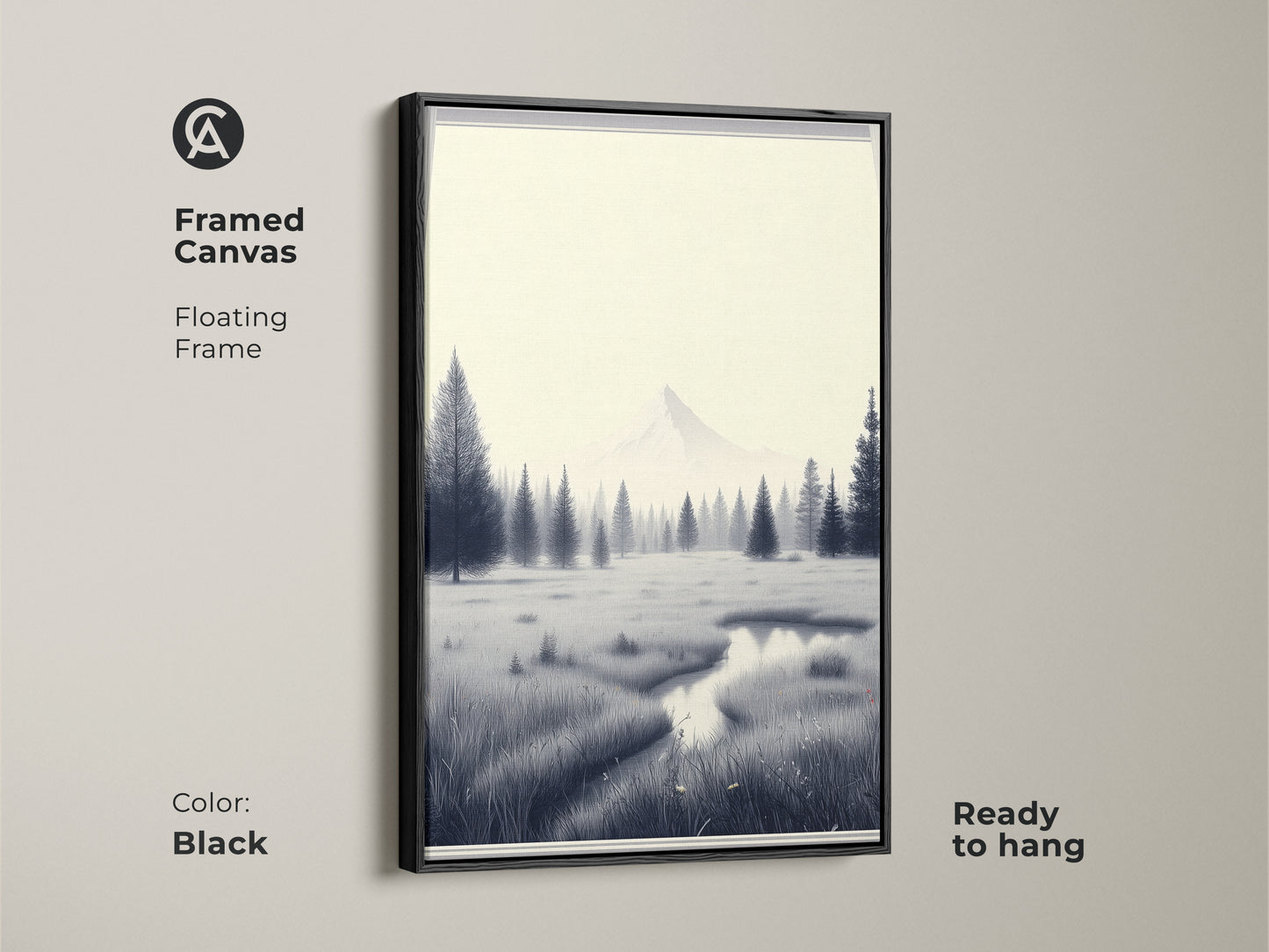 Framed canvas with floating frame showcasing minimalist mountain artwork. A black frame highlights the black and white landscape print. This Scandinavian pine tree canvas is ready to hang. Monochrome nature wall art adds elegance to a bedroom.