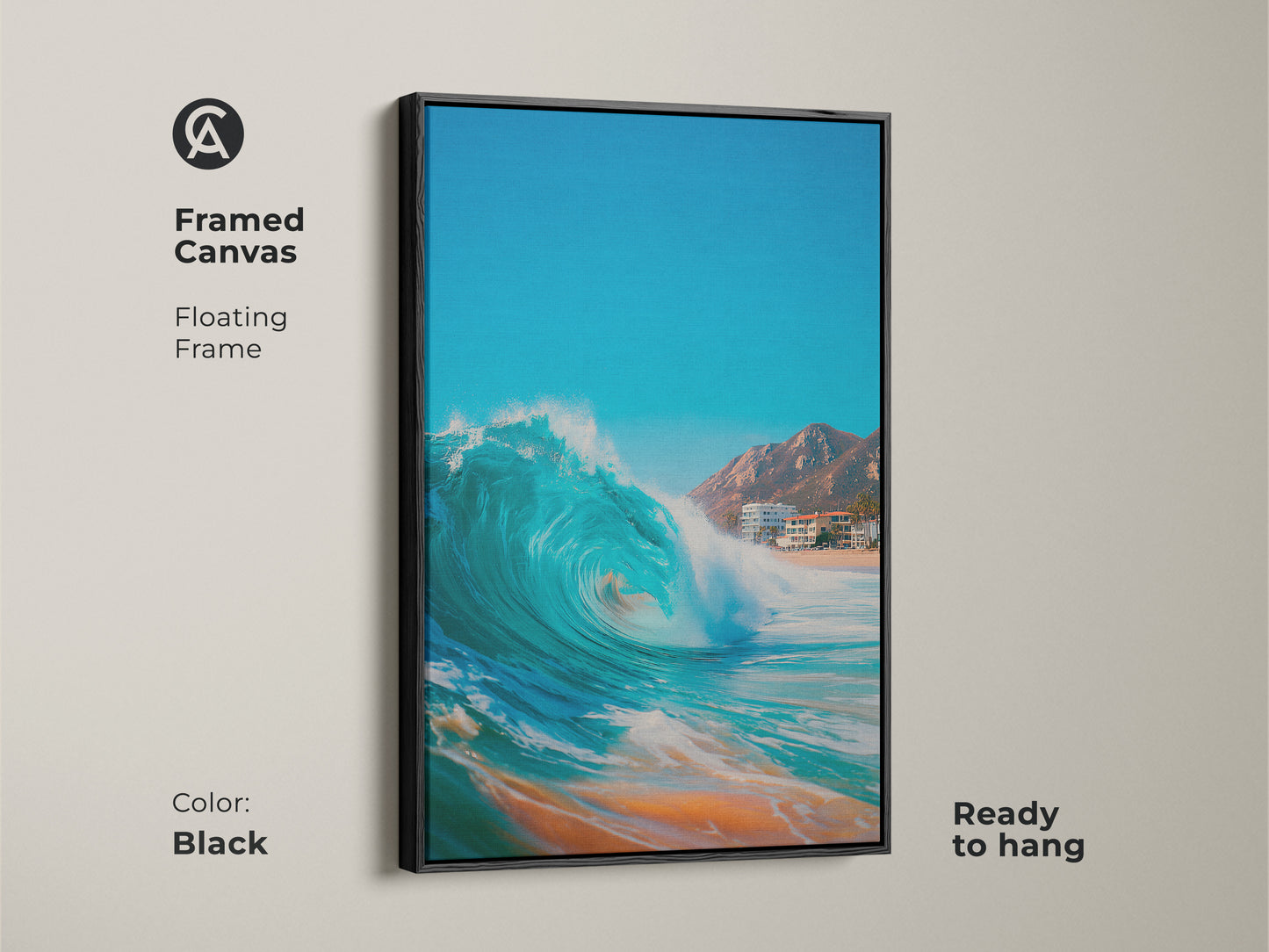 Framed canvas art featuring a powerful ocean wave. Black floating frame enhances this beach art. Ready to hang canvas artwork. Perfect for coastal-themed rooms and spaces.