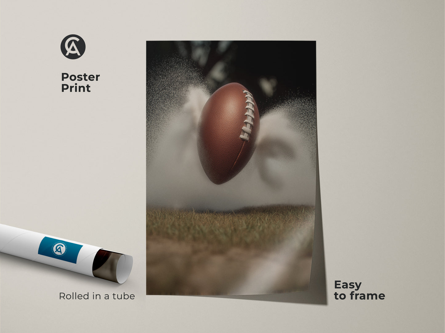This dynamic sports wall art is available as an easy-to-frame poster print. It features a textured football against a misty field bringing an athletic touch to any room. Perfect for a modern office or man cave. A great gift for any football fan looking to enhance their home decor.