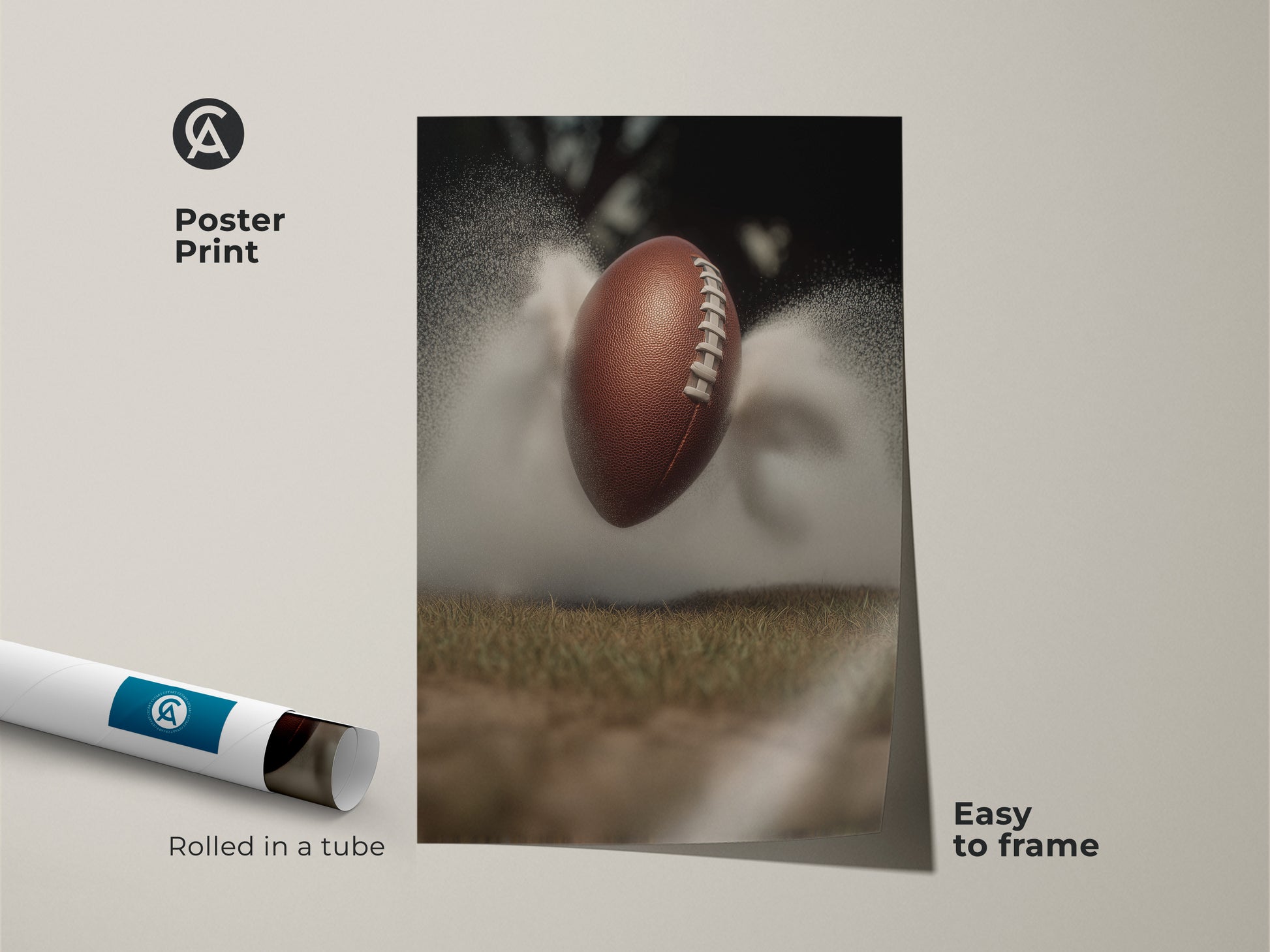 This dynamic sports wall art is available as an easy-to-frame poster print. It features a textured football against a misty field bringing an athletic touch to any room. Perfect for a modern office or man cave. A great gift for any football fan looking to enhance their home decor.