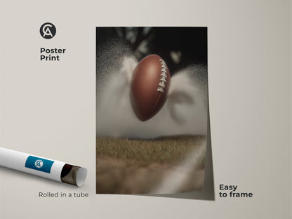 This dynamic sports wall art is available as an easy-to-frame poster print. It features a textured football against a misty field bringing an athletic touch to any room. Perfect for a modern office or man cave. A great gift for any football fan looking to enhance their home decor.