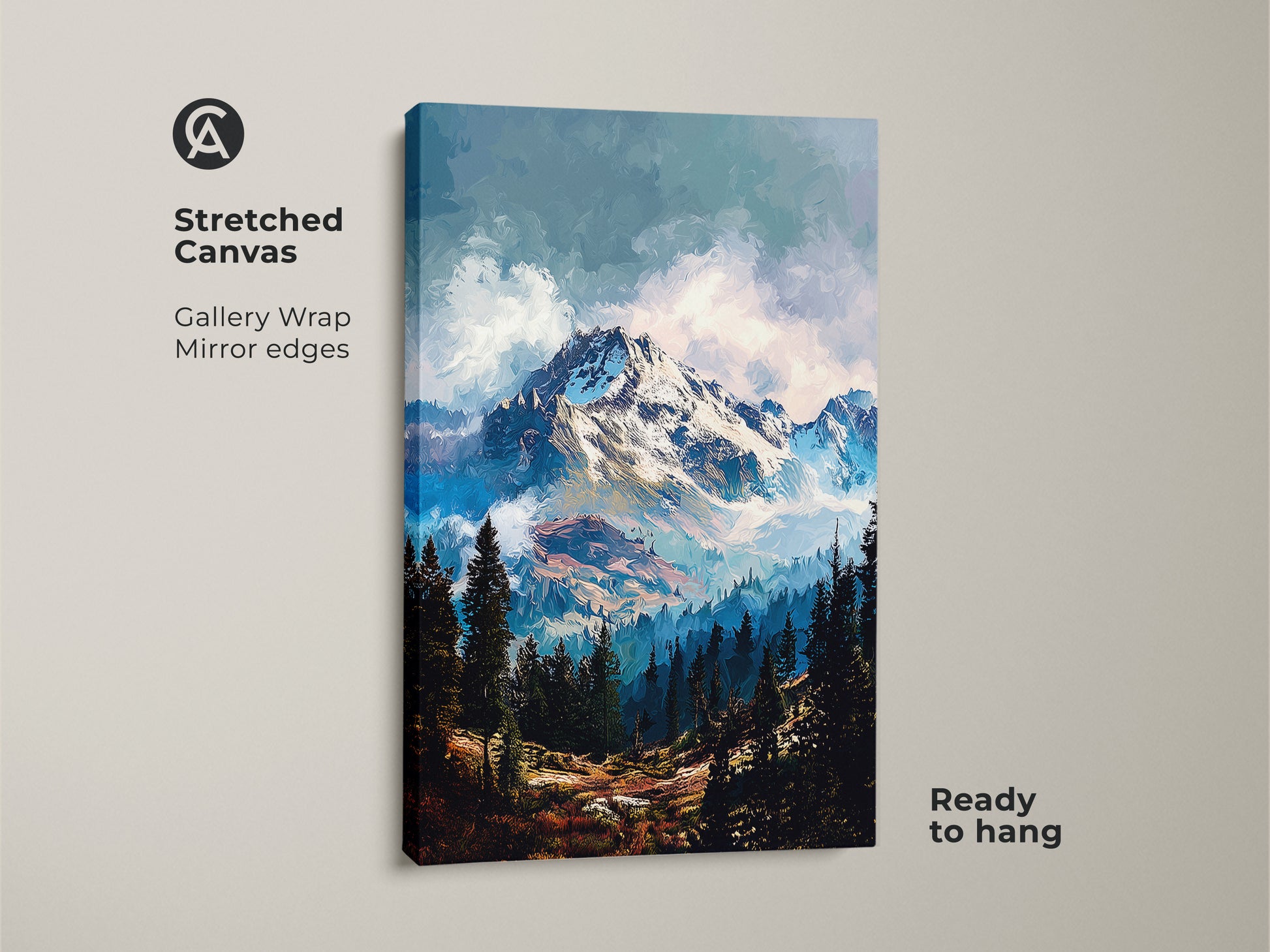 Stretched canvas print of a mountain landscape. This gallery-wrapped canvas features a picturesque mountain scene. The artwork is ready to hang with mirror edges. Get this mountain art to enhance your wall decor.