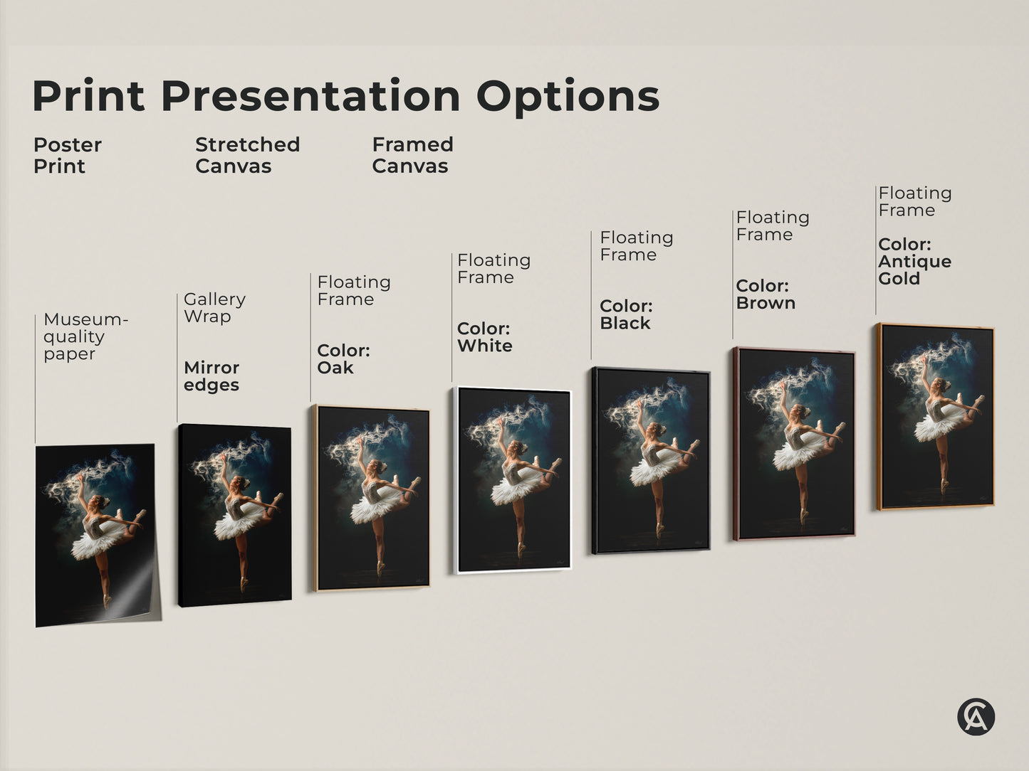 Explore print presentation options for ballerina art. Choose from poster print stretched canvas or framed canvas. Options include gallery wrap mirror edges and floating frames in oak white black brown and antique gold. Find the perfect style.