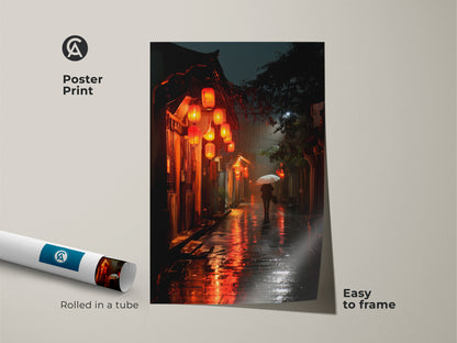 This poster print features a stunning image of a rainy Asian street scene. Red lanterns cast a warm glow. A figure with an umbrella adds a touch of mystery. The poster is easy to frame and will add a touch of Asian-inspired artwork to your home decor.