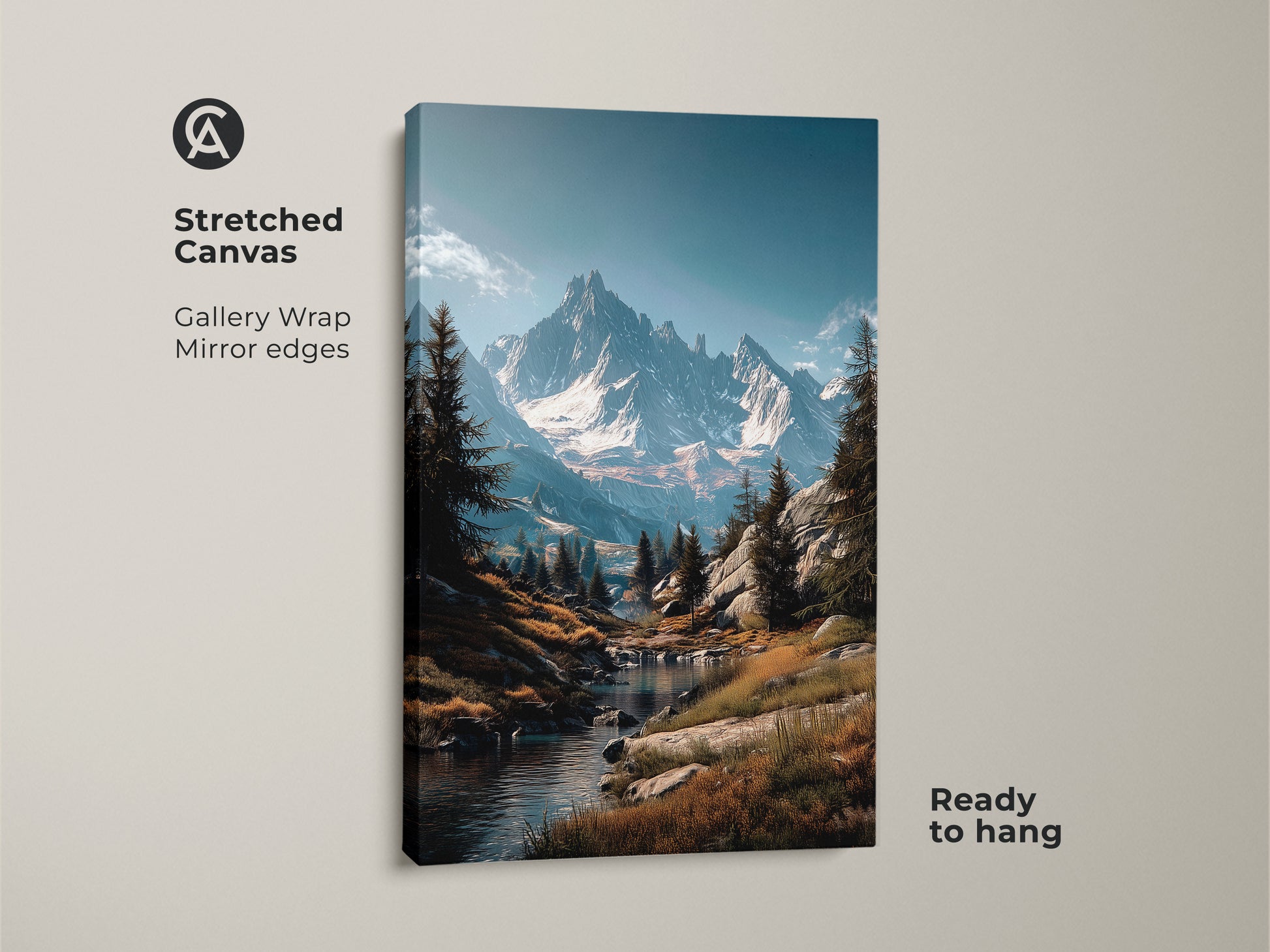Stretched canvas art showcasing a stunning mountain scene. The gallery wrap with mirrored edges adds depth. This ready-to-hang artwork brings the outdoors in. The river flows gently through the valley. The snow capped mountain sits high in the sky