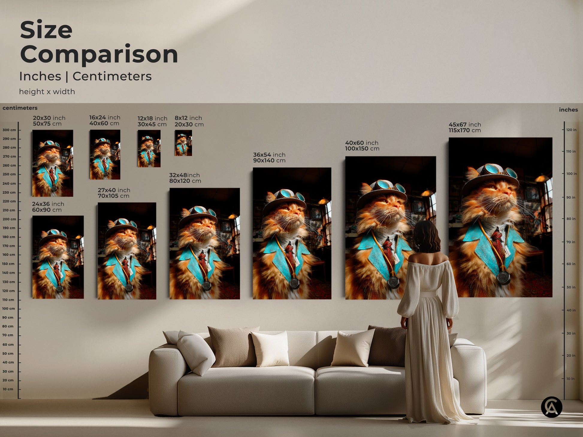 Size comparison of steampunk cat artwork in inches and centimeters. Artwork sizes vary. See how the art fits above a sofa. Choose the perfect size. Transform your living space. Explore our art prints now.