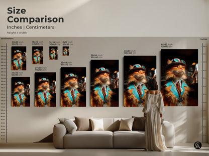 Size comparison of steampunk cat artwork in inches and centimeters. Artwork sizes vary. See how the art fits above a sofa. Choose the perfect size. Transform your living space. Explore our art prints now.