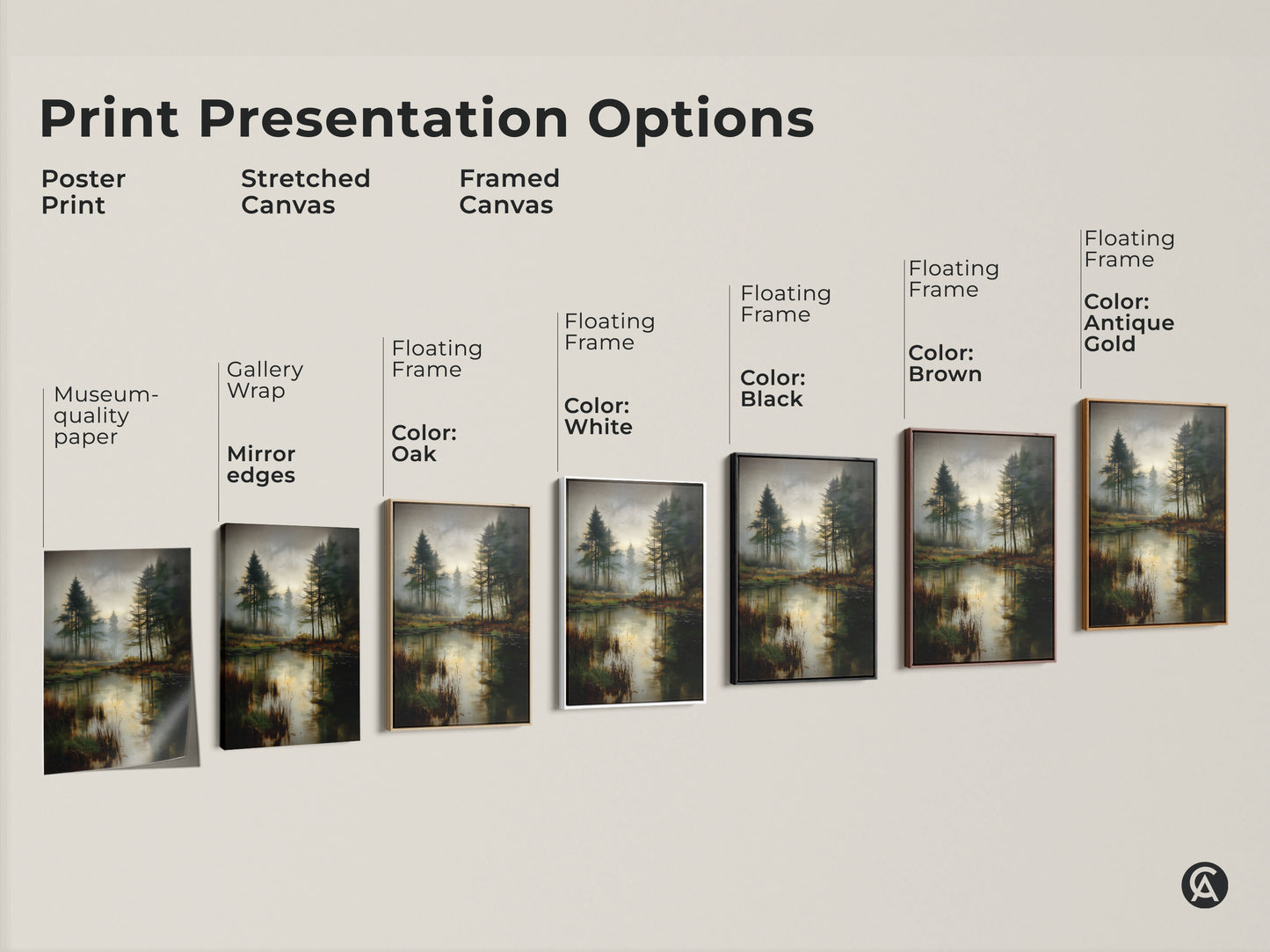 Explore print presentation options for the misty pine forest lake artwork. Choose from poster print stretched canvas or framed canvas. Floating frame colors include black brown antique gold oak and white. Find your perfect rustic home decor.