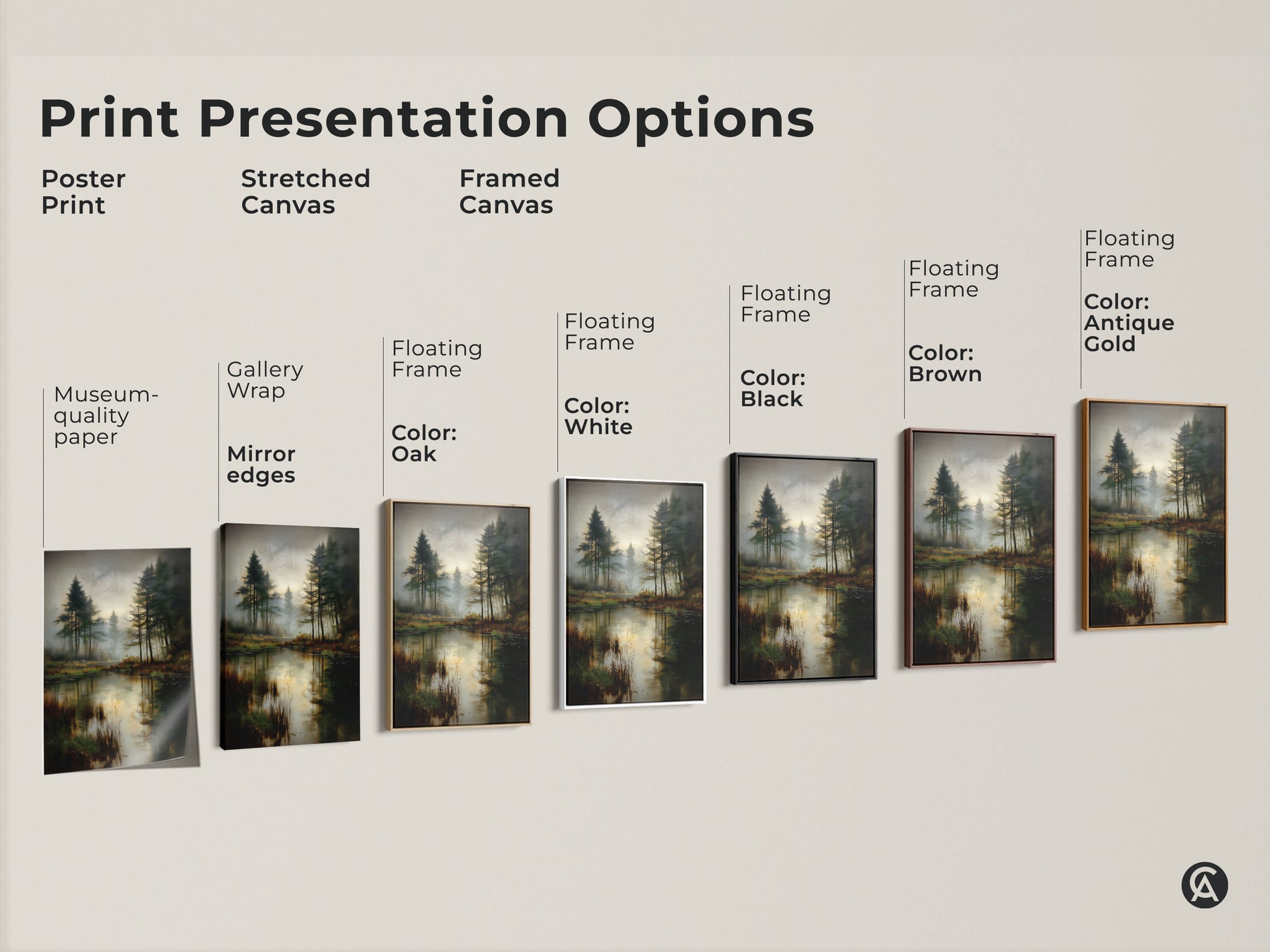 Explore print presentation options for the misty pine forest lake artwork. Choose from poster print stretched canvas or framed canvas. Floating frame colors include black brown antique gold oak and white. Find your perfect rustic home decor.