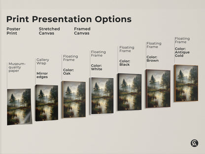 Explore print presentation options for the misty pine forest lake artwork. Choose from poster print stretched canvas or framed canvas. Floating frame colors include black brown antique gold oak and white. Find your perfect rustic home decor.
