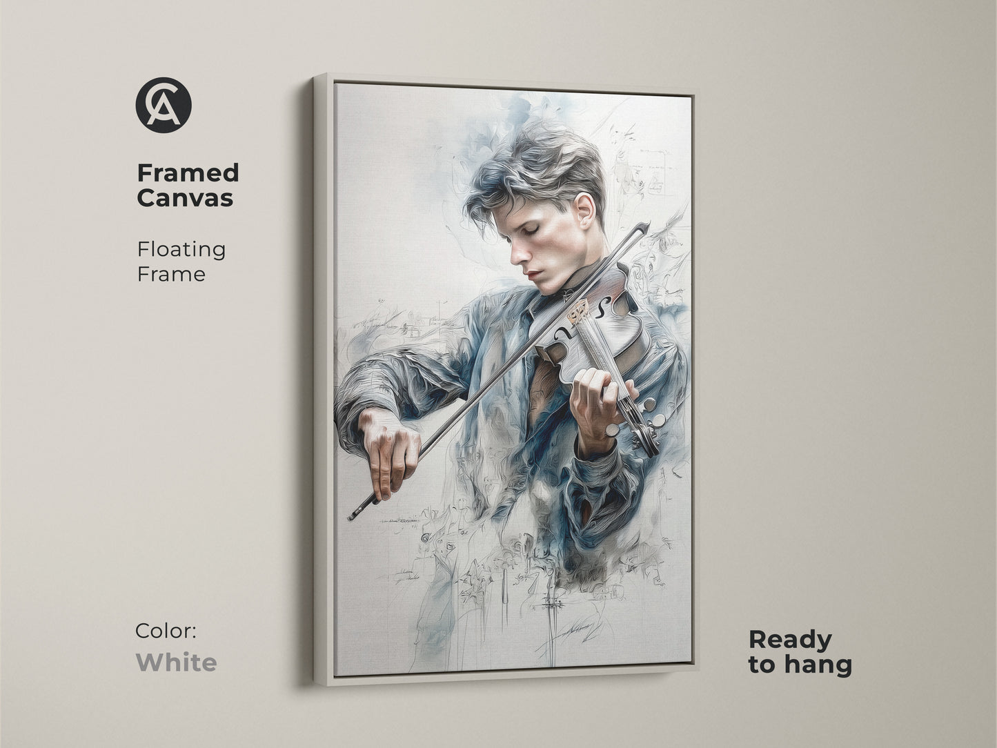 Framed canvas art featuring a young violinist in a floating frame. The white frame provides a clean modern look. The art captures the musician playing surrounded by musical notes. This ready-to-hang piece is simple yet elegant.
