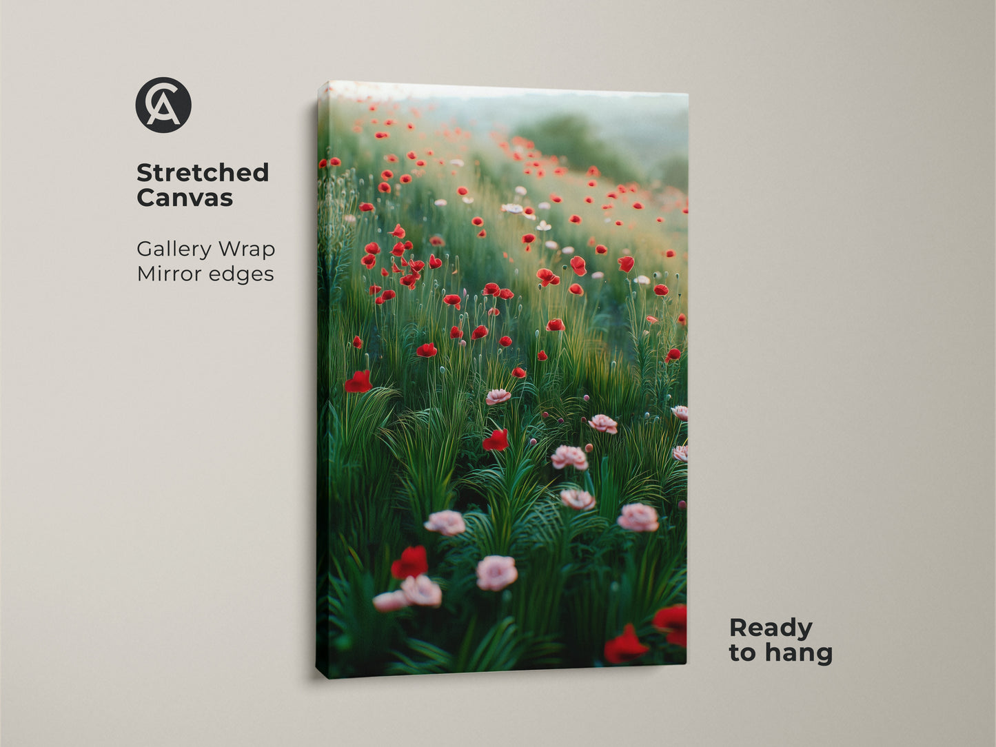 Gallery wrapped stretched canvas of a red poppy art print. The boho floral wall art adds charm. This impressionistic wildflower canvas is ready to hang. It makes a beautiful housewarming gift for plant lovers.
