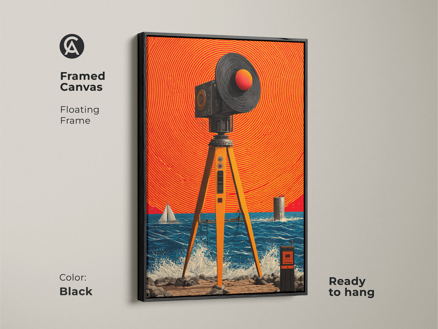 Elevate your space with Framed Canvas. A retro futuristic painting of a surreal seascape. It includes surveying equipment and a sailboat. This black floating frame enhances any modern wall art collection. Its ready to hang.