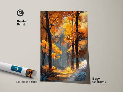 Poster print of a captivating autumn forest scene. The artwork is rolled in a tube. It is easy to frame. This museum-quality poster will add a touch of seasonal charm to any space.