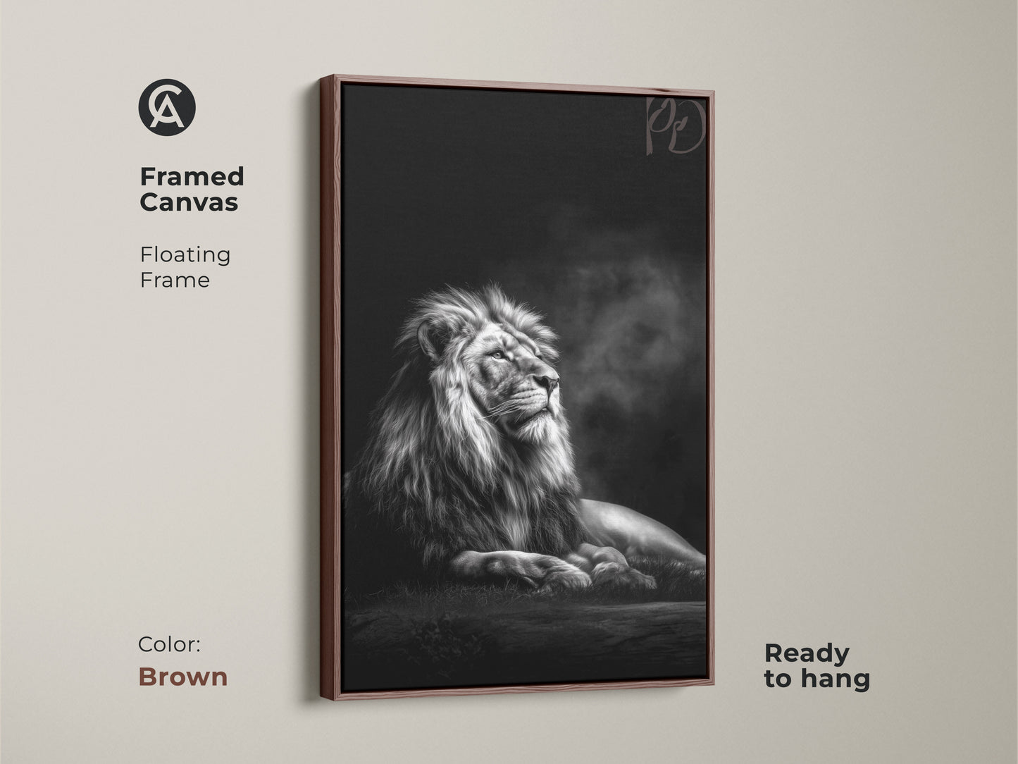 Framed canvas art displays a monochrome lion with a floating brown frame. The regal king of the jungle is captured in photorealistic detail. This black and white animal artwork is ready to hang.