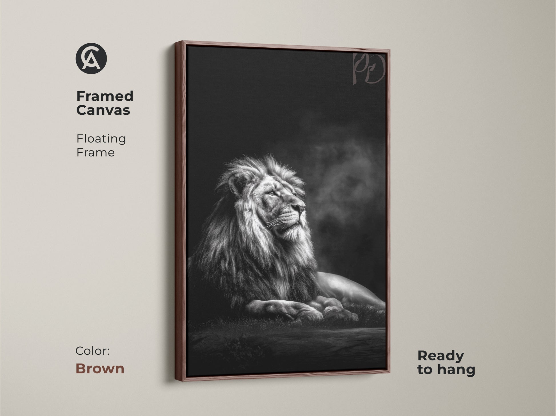 Framed canvas art displays a monochrome lion with a floating brown frame. The regal king of the jungle is captured in photorealistic detail. This black and white animal artwork is ready to hang.