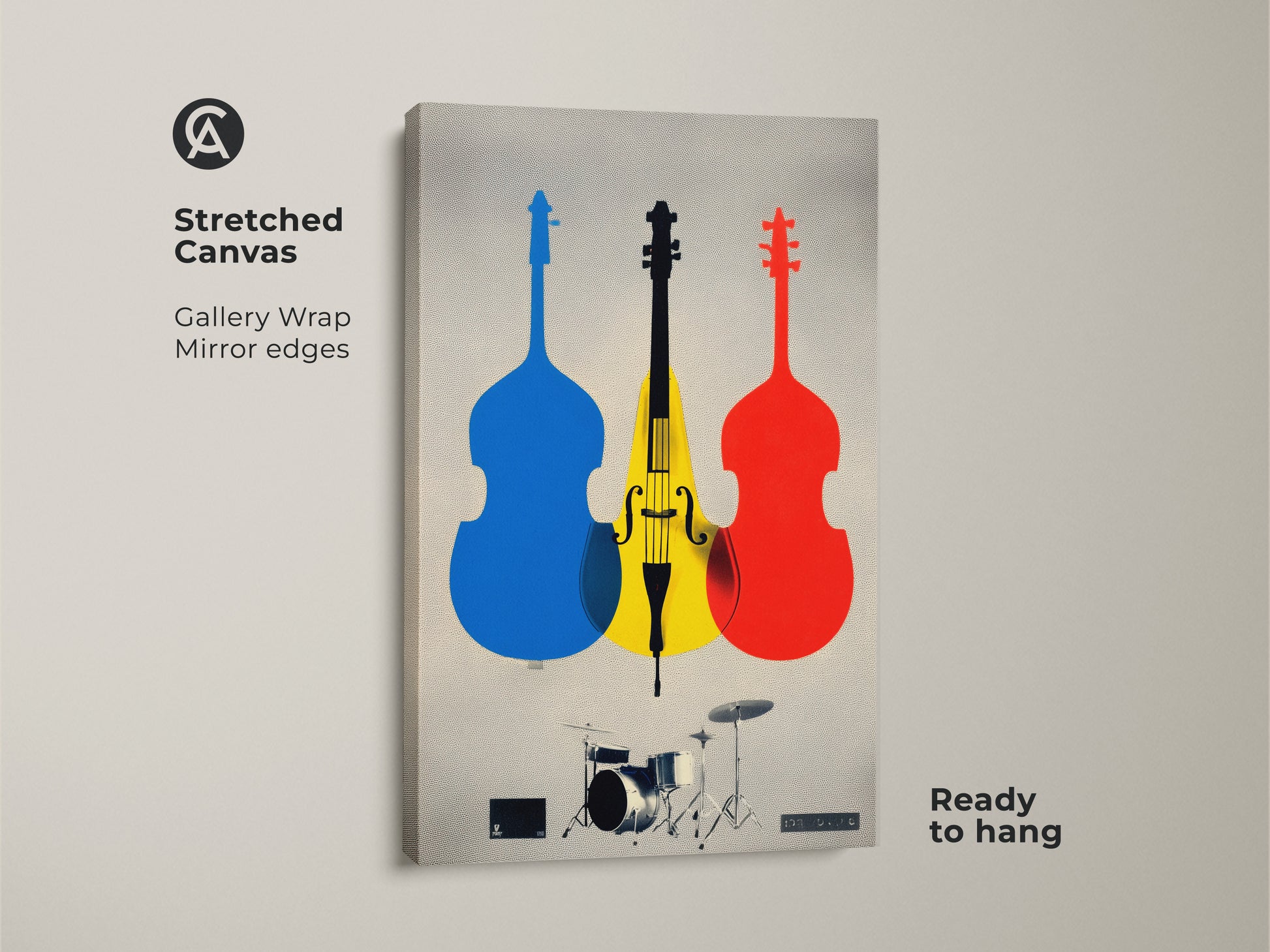 Gallery wrapped canvas featuring cello art and drum set prints. See the modern music wall decor in blue yellow and red. This stretched canvas is ready to hang and perfect for a home music studio. The unique instrument art makes a great musician gift. Display the colorful musical art in your home office.