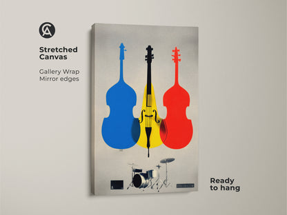 Gallery wrapped canvas featuring cello art and drum set prints. See the modern music wall decor in blue yellow and red. This stretched canvas is ready to hang and perfect for a home music studio. The unique instrument art makes a great musician gift. Display the colorful musical art in your home office.