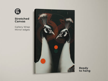 Stretched Canvas art of a Geometric Peacock Couple. The gallery wrap has mirror edges. This contemporary animal artwork is ready to hang. Perfect animal art decor for a modern home office or bedroom.