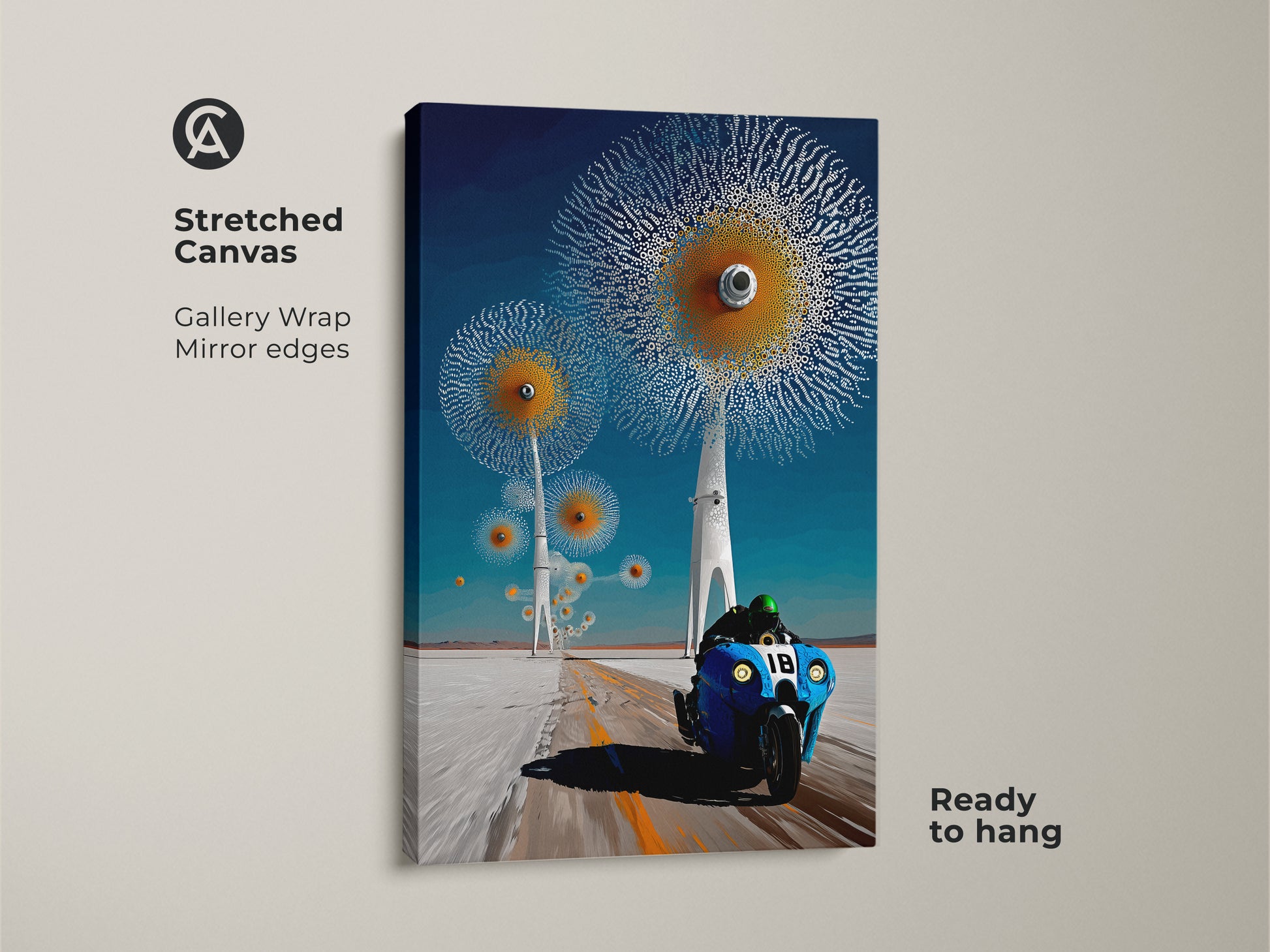 A stretched canvas gallery wrap features surreal motorcycle wall art.  It displays a blue racing motorcycle under abstract dandelion artwork. Ready to hang this modern surrealism art adds a unique touch as office decor or a contemporary art print.