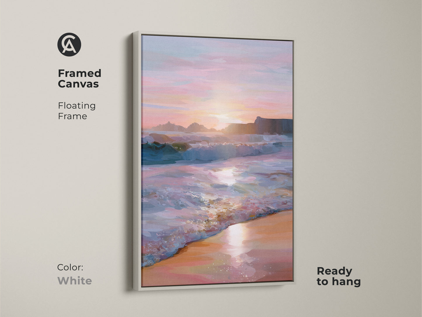 Framed canvas of an ocean sunset and coastal beach waves. A white floating frame highlights the teal pink orange sky landscape. Ready to hang wall art offers a touch of the sea indoors. Gift for beach lover and home decor canvas.