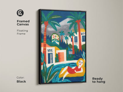 Framed canvas art featuring a woman in a pool with palm trees. The black floating frame adds a touch of elegance to this vibrant piece. Ready to hang and perfect for adding a pop of color to your decor. The artwork brings a relaxed summer vibe to any room. A stylish addition to your art collection.