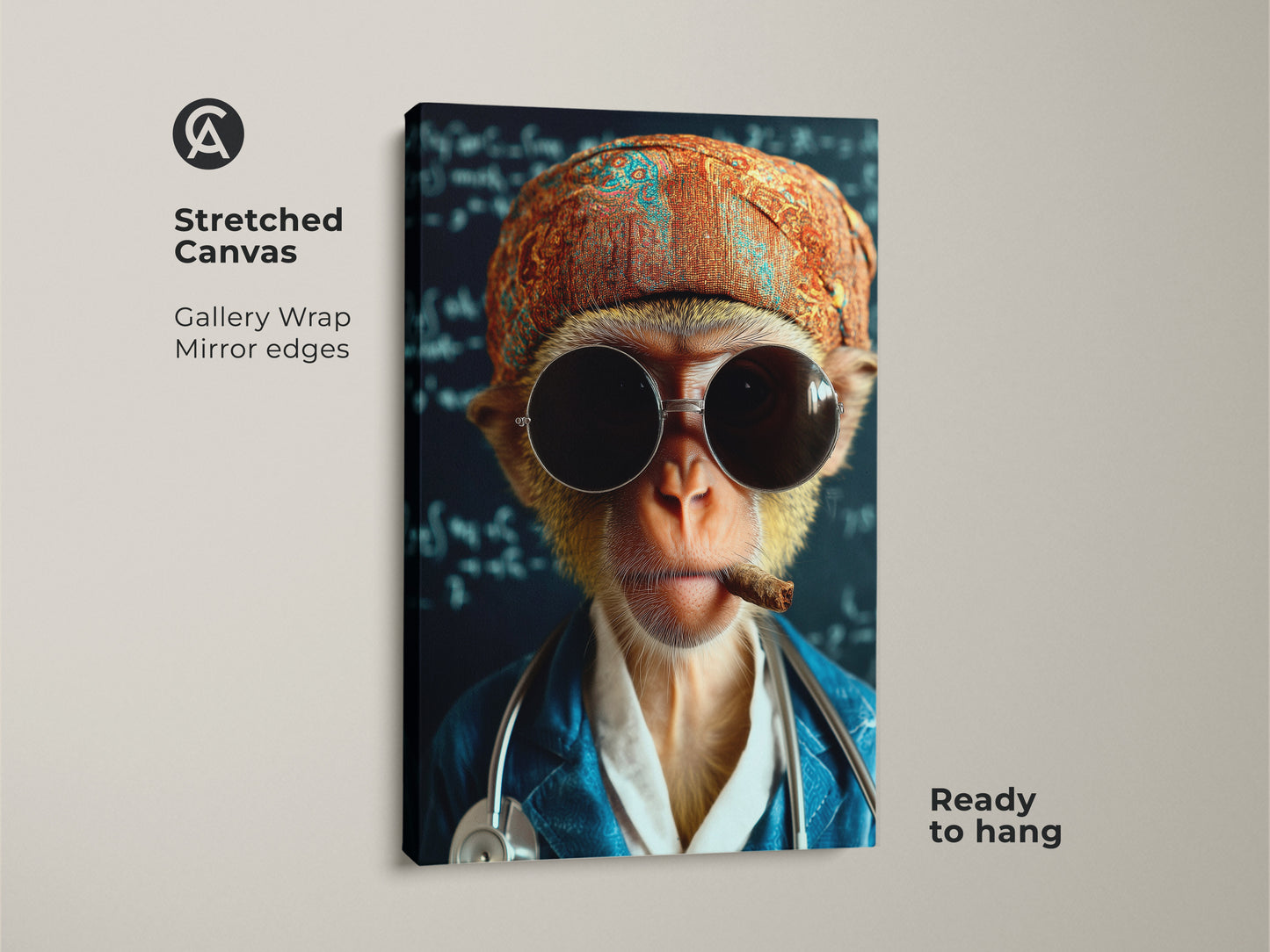 Stretched Canvas of a surreal monkey doctor print. This quirky animal wall art features a monkey with a stethoscope and sunglasses. This gallery-wrapped canvas is ready to hang offering a unique accent for eclectic home decor.