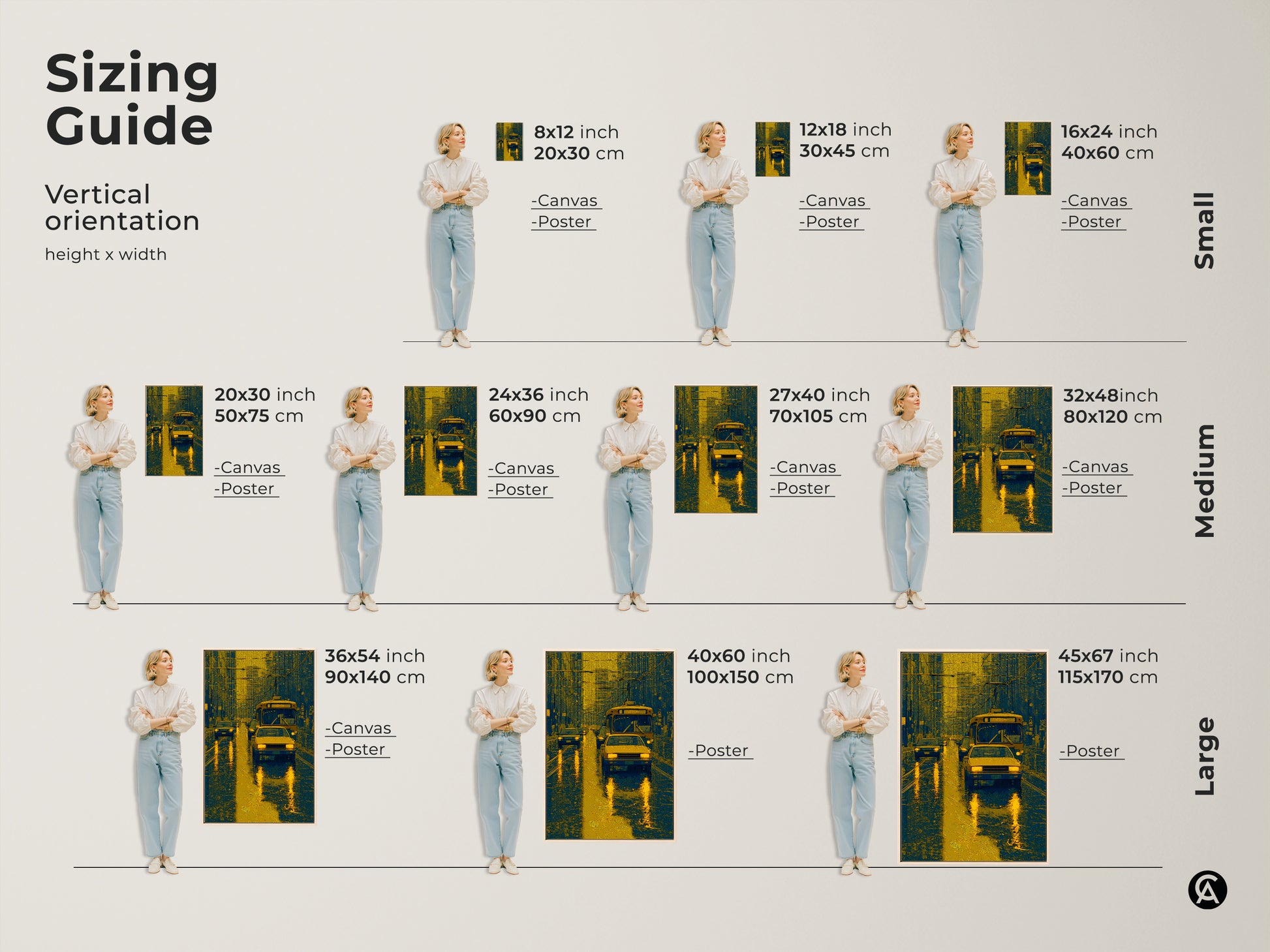 Find the perfect size for your rainy city street canvas or poster art. This sizing guide shows the artwork in various vertical dimensions. See how the blue and gold cars and bus will look in your space at different scales.