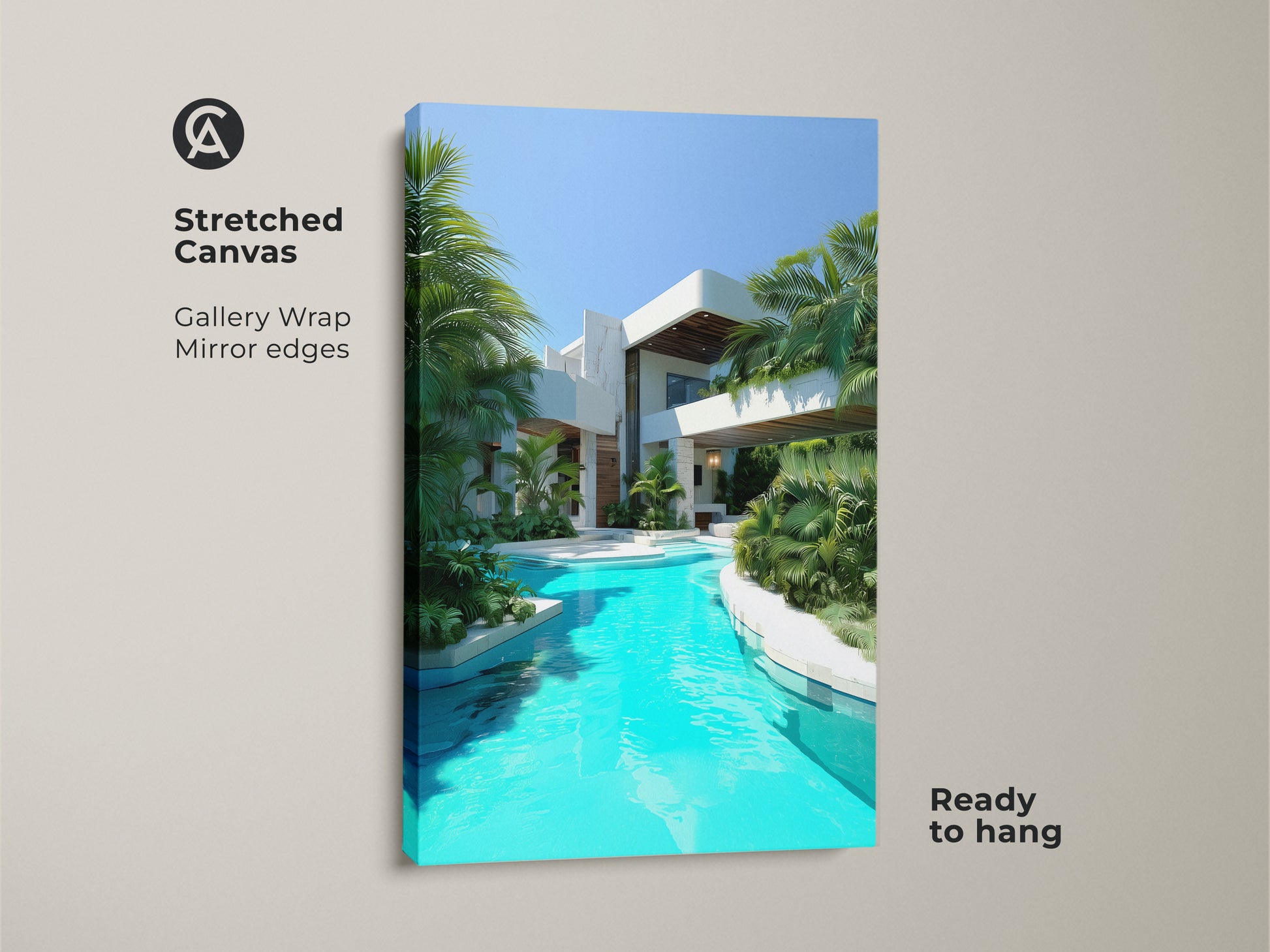 This stretched canvas art showcases a modern villa with a turquoise pool. Gallery wrapped with mirrored edges it's ready to hang. Palm trees frame the contemporary architecture. Add a touch of tropical paradise to your home with this luxury modern home decor.
