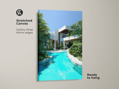 This stretched canvas art showcases a modern villa with a turquoise pool. Gallery wrapped with mirrored edges it's ready to hang. Palm trees frame the contemporary architecture. Add a touch of tropical paradise to your home with this luxury modern home decor.