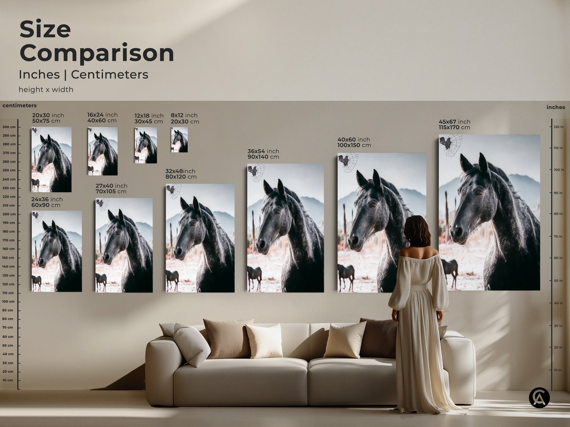Size comparison of black horse canvas art. See how the rustic wildlife artwork fits above a sofa. Sizes range from small to large. This photorealistic animal print is perfect for a living room bedroom or as an equestrian gift. Choose the perfect size today.