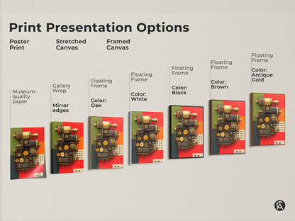 Print presentation options for Mechanical Gears industrial wall art. Options include poster prints stretched canvas and framed canvas. Floating frame colors include oak white black brown and antique gold. This clockwork mechanism decor is a unique gadget gift.