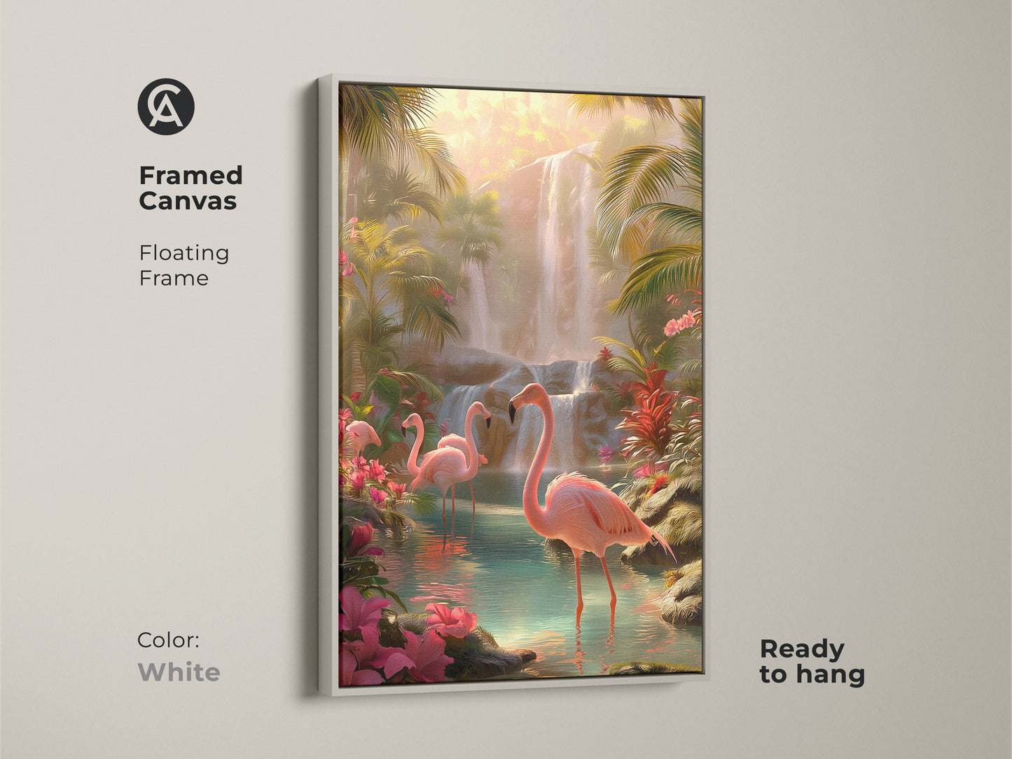 Framed canvas art with a white floating frame displaying tropical flamingos and a waterfall. Perfect as bedroom accent art. This pink flamingo art print adds a pop of color. A beautiful piece for bird lovers.