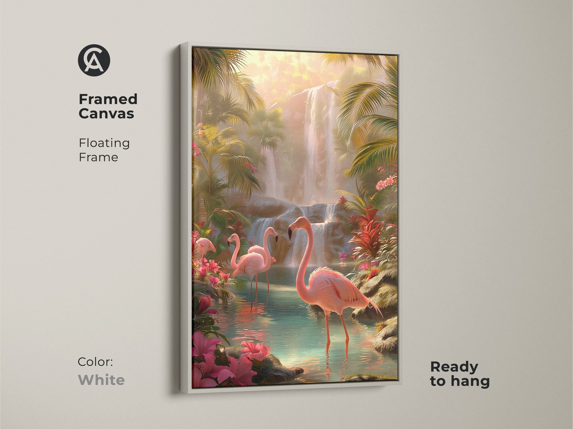 Framed canvas art with a white floating frame displaying tropical flamingos and a waterfall. Perfect as bedroom accent art. This pink flamingo art print adds a pop of color. A beautiful piece for bird lovers.