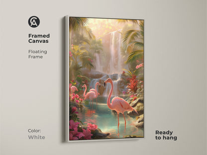 Framed canvas art with a white floating frame displaying tropical flamingos and a waterfall. Perfect as bedroom accent art. This pink flamingo art print adds a pop of color. A beautiful piece for bird lovers.